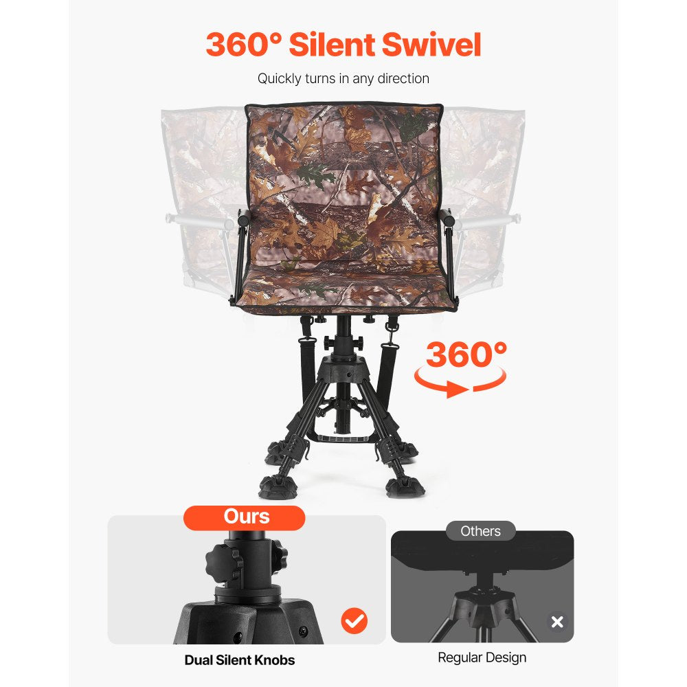 VEVOR Hunting Chair, 360° Silent Swivel, Foldable Portable Blind Chair, Heavy-Duty Steel Frame Ground Stool Seat, with Armrests, Cover, Anti-Sink Feet, Height Adjustable, 350 Lbs Capacity for Camping