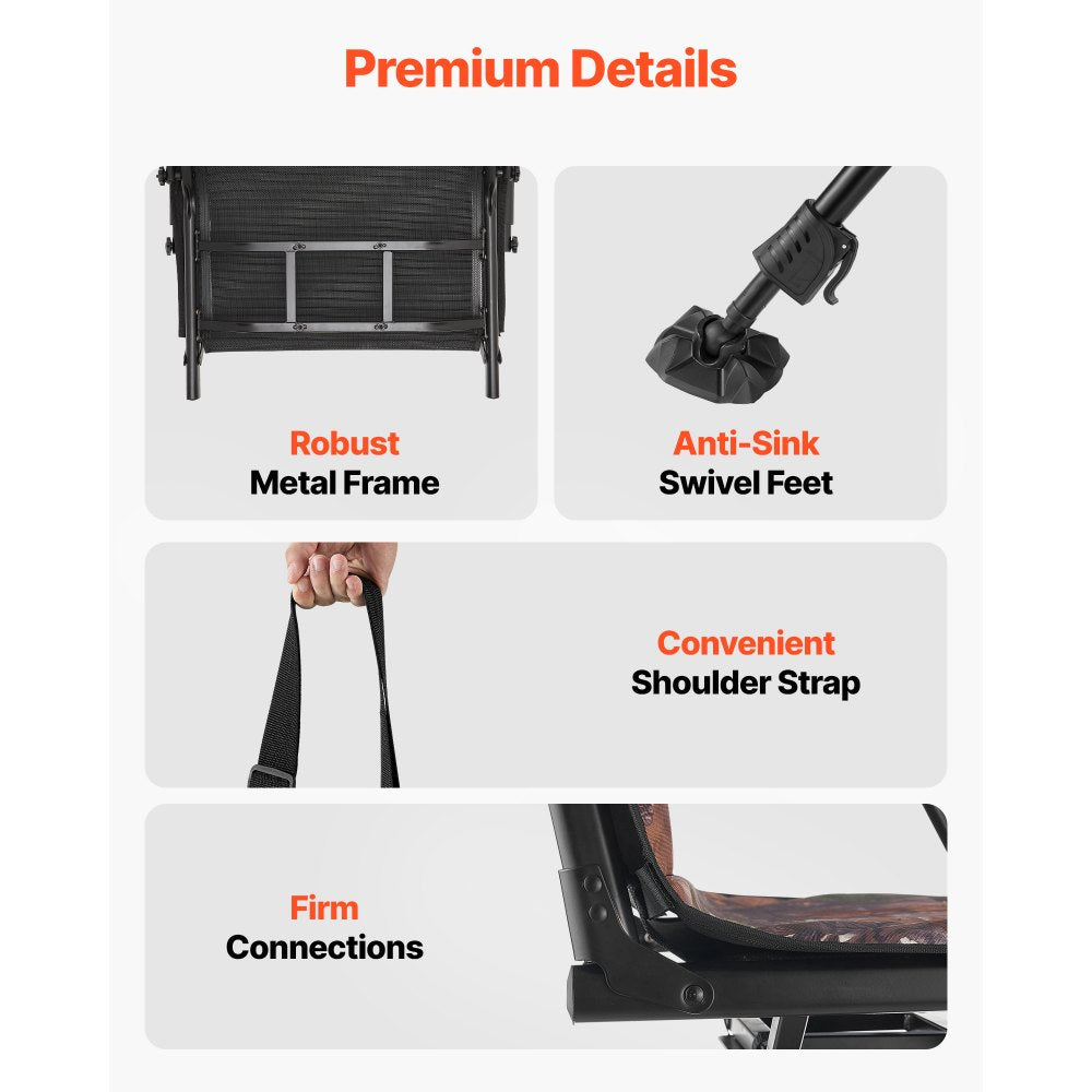 VEVOR Hunting Chair, 360° Silent Swivel, Foldable Portable Blind Chair, Heavy-Duty Steel Frame Ground Stool Seat, with Armrests, Cover, Anti-Sink Feet, Height Adjustable, 350 Lbs Capacity for Camping
