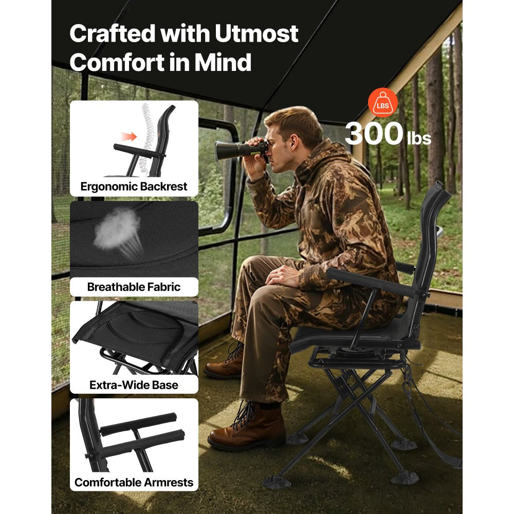 VEVOR Hunting Chair, 360° Silent Swivel, Foldable Portable Blind Chair, Heavy-Duty Steel Frame Ground Stool Seat, with Armrests, Adjustable Carry Strap, Anti-Sink Feet, 300 Lbs Capacity for Fishing