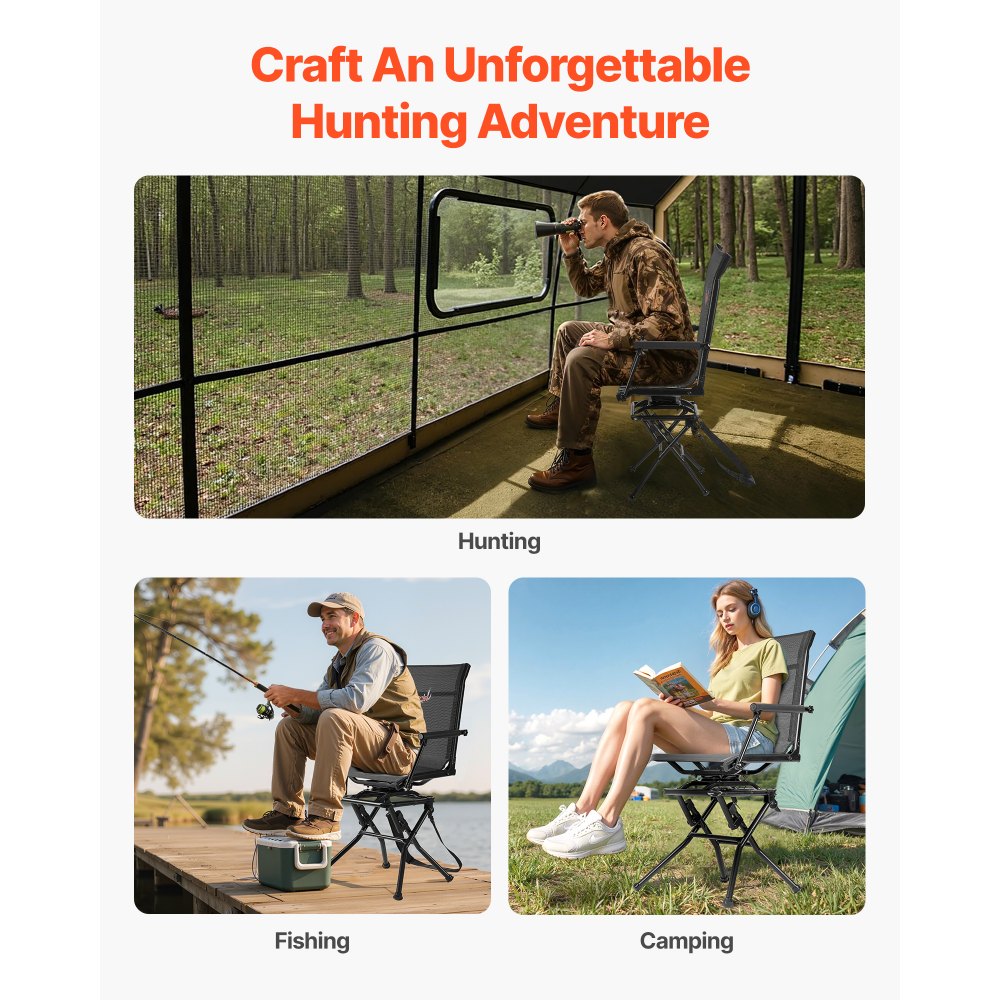 VEVOR Hunting Chair, 360° Silent Swivel, Foldable Lightweight Portable Blind Chair, Heavy-Duty Steel Frame Ground Stool Seat, with Armrest, Adjustable Carry Strap, 300 Lbs Capacity for Fishing Camping