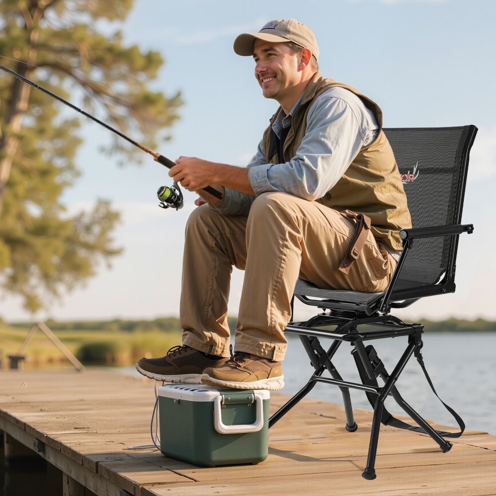 VEVOR Hunting Chair, 360° Silent Swivel, Foldable Lightweight Portable Blind Chair, Heavy-Duty Steel Frame Ground Stool Seat, with Armrest, Adjustable Carry Strap, 300 Lbs Capacity for Fishing Camping