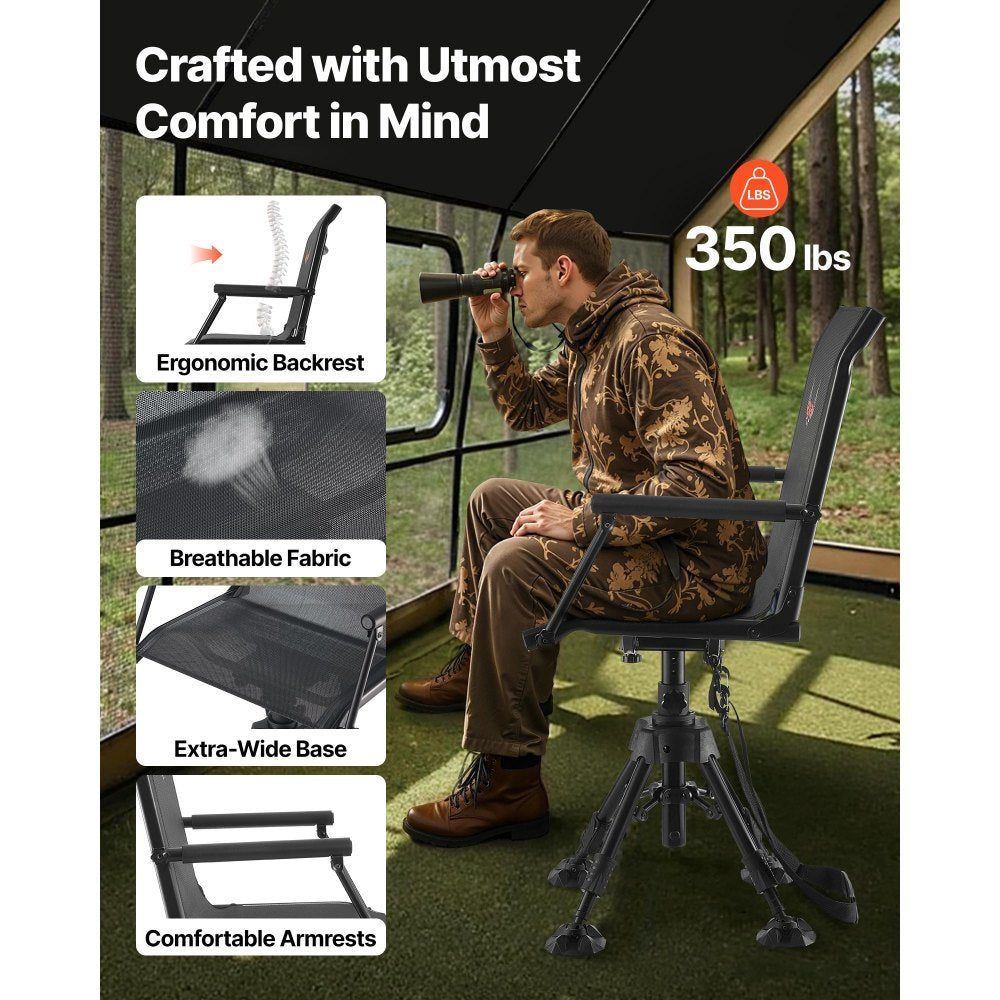 VEVOR Hunting Chair, 360° Silent Swivel, Foldable Portable Blind Chair, Heavy-Duty Steel Frame Ground Stool Seat,with Armrests, Anti-Sink Feet, Height Adjustable, 350 Lbs Capacity for Fishing Camping