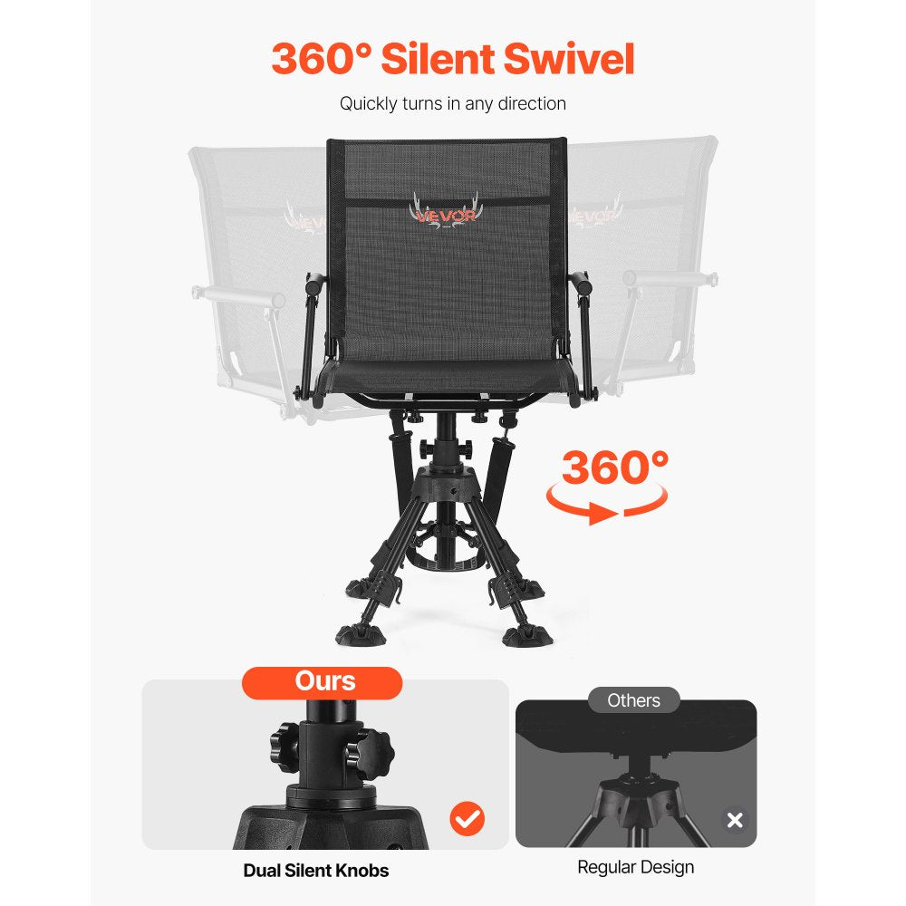 VEVOR Hunting Chair, 360° Silent Swivel, Foldable Portable Blind Chair, Heavy-Duty Steel Frame Ground Stool Seat,with Armrests, Anti-Sink Feet, Height Adjustable, 350 Lbs Capacity for Fishing Camping
