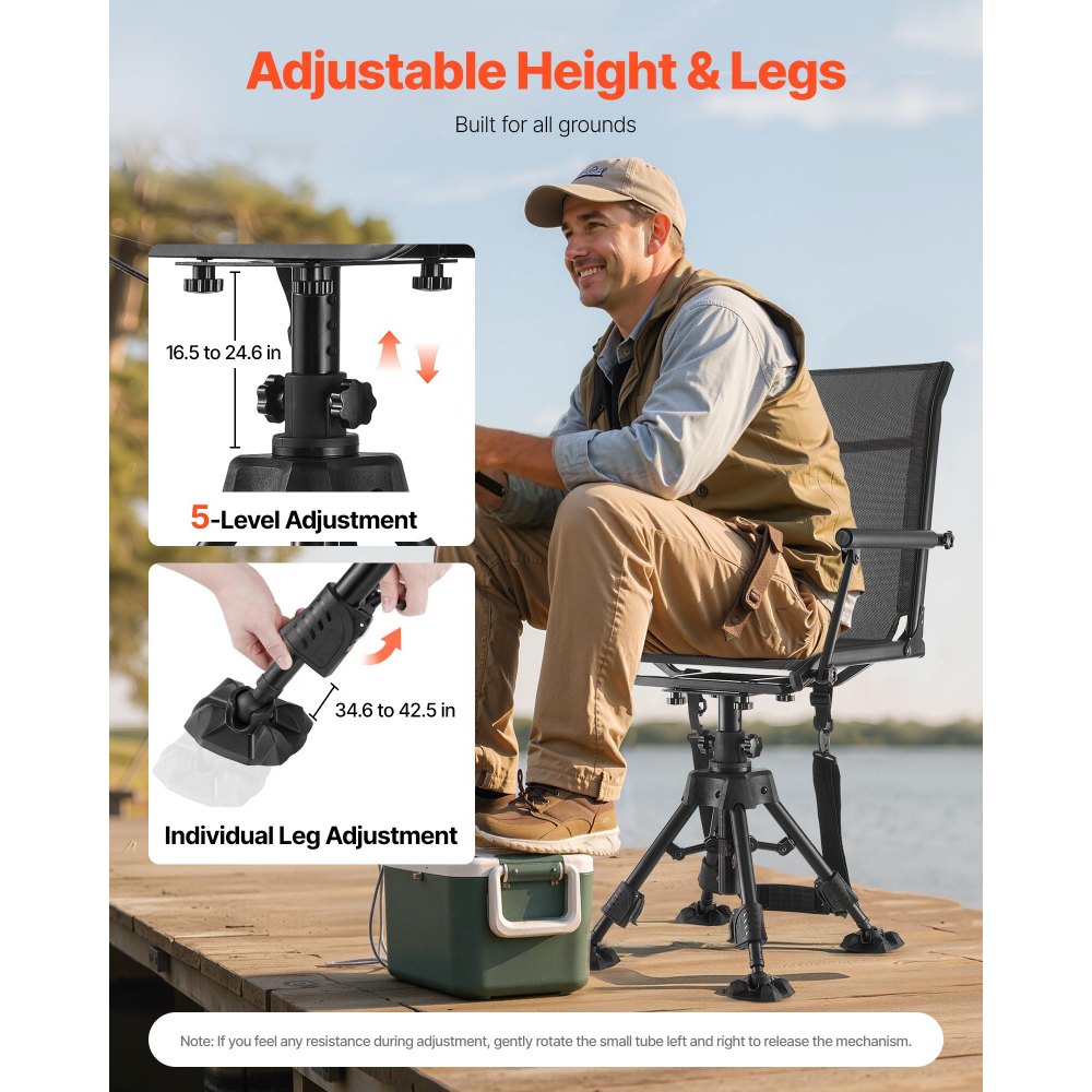 VEVOR Hunting Chair, 360° Silent Swivel, Foldable Portable Blind Chair, Heavy-Duty Steel Frame Ground Stool Seat,with Armrests, Anti-Sink Feet, Height Adjustable, 350 Lbs Capacity for Fishing Camping