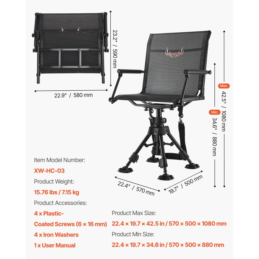 VEVOR Hunting Chair, 360° Silent Swivel, Foldable Portable Blind Chair, Heavy-Duty Steel Frame Ground Stool Seat,with Armrests, Anti-Sink Feet, Height Adjustable, 350 Lbs Capacity for Fishing Camping