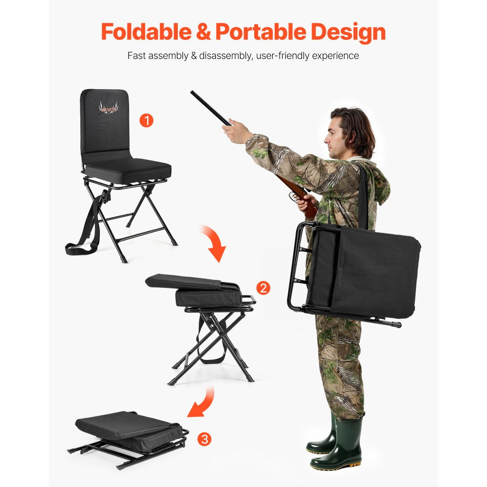 VEVOR Hunting Chair, 360° Silent Swivel, Foldable Lightweight Portable Blind Chair, Heavy-Duty Steel Frame Ground Stool Seat, with Adjustable Shoulder Strap, 300 Lbs Capacity for Fishing, Camping
