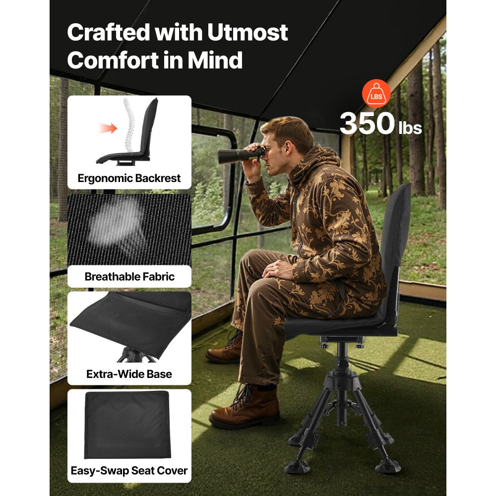 VEVOR Hunting Chair, 360° Silent Swivel, Foldable Portable Blind Chair, Heavy-Duty Steel Frame Ground Stool Seat,with Seat Cover, Anti-Sink Feet, Height Adjustable, 350 Lbs Capacity, for Fishing