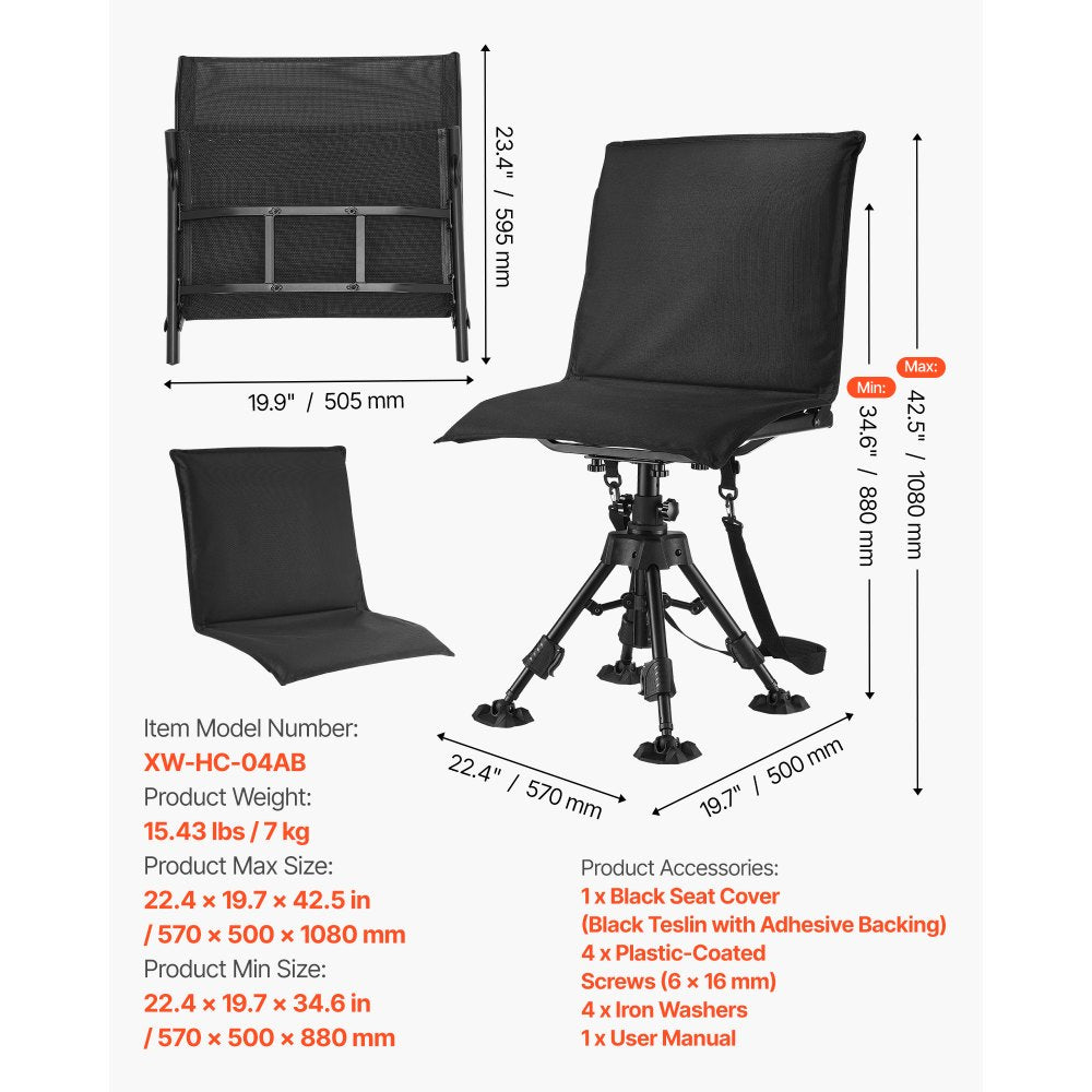 VEVOR Hunting Chair, 360° Silent Swivel, Foldable Portable Blind Chair, Heavy-Duty Steel Frame Ground Stool Seat,with Seat Cover, Anti-Sink Feet, Height Adjustable, 350 Lbs Capacity, for Fishing