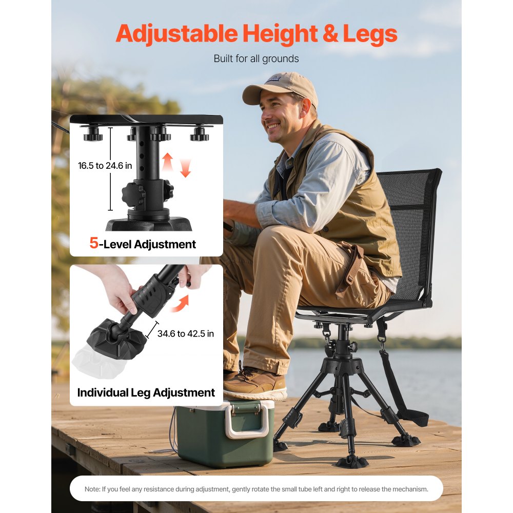 VEVOR Hunting Chair, 360° Silent Swivel, Foldable Portable Blind Chair, Heavy-Duty Steel Frame Ground Stool Seat with Anti-Sink Swivel Feet, Height Adjustable, 350 Lbs Capacity for Fishing Camping