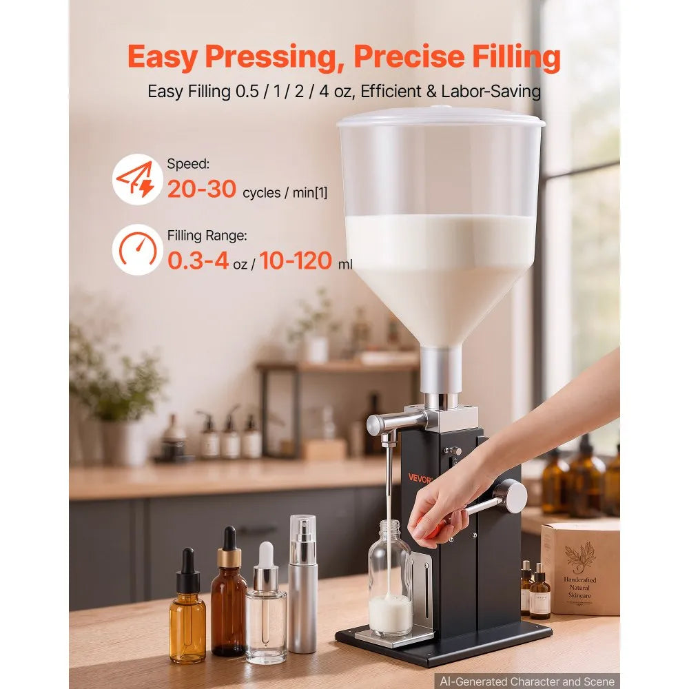 VEVOR Manual Filling Machine, 10-120 ml, 12 L Hopper, Paste Liquid Filler, for Water, Honey, Oil, Shampoo and Lotion, Anti-Drip Nozzle, Adjustable Bottle Stand, Carbon Steel Body, Effort-Saving Handle
