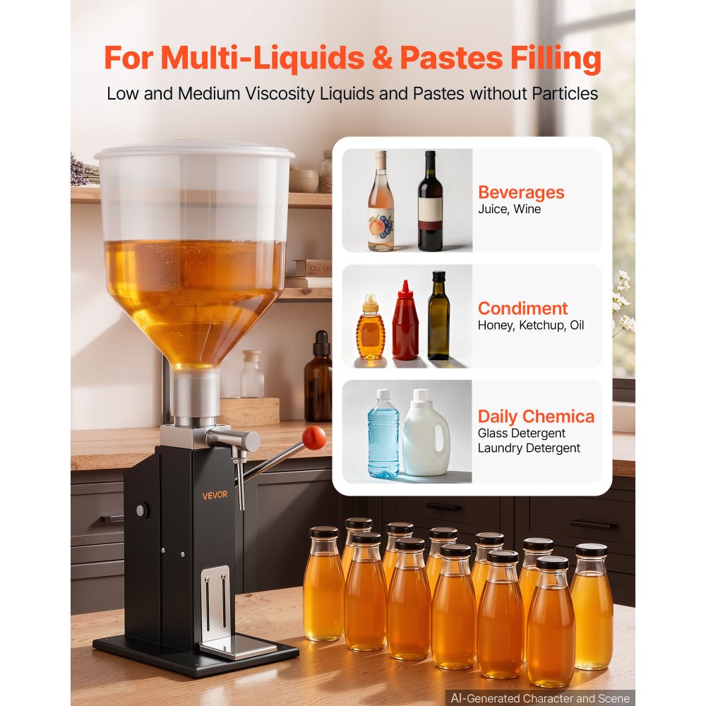 VEVOR Manual Filling Machine, 5-60 ml, 10 L Hopper, Paste Liquid Filler, for Water, Honey, Oil, Shampoo and Lotion, Anti-Drip Nozzle, Adjustable Bottle Stand, Carbon Steel Body, Effort-Saving Handle