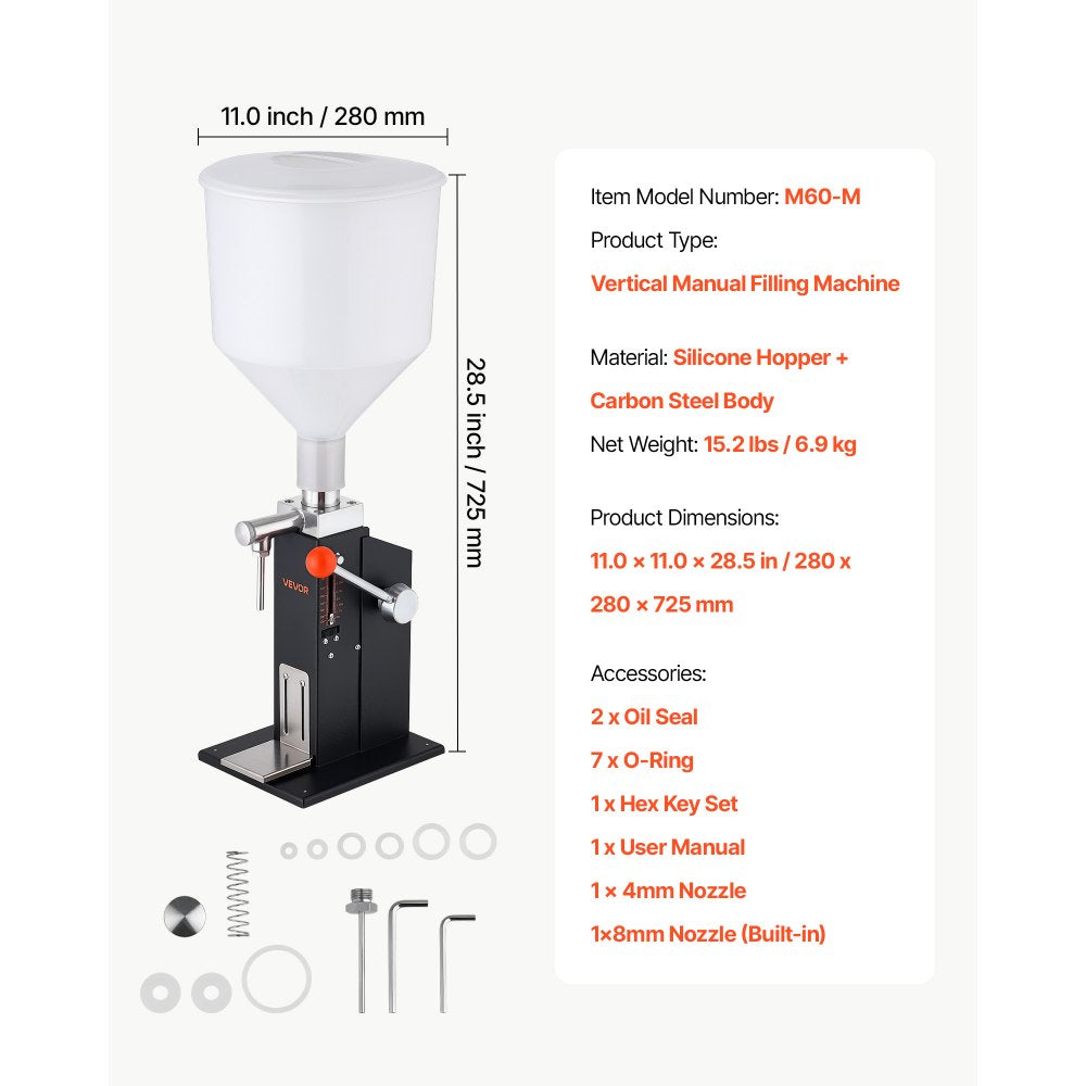 VEVOR Manual Filling Machine, 5-60 ml, 10 L Hopper, Paste Liquid Filler, for Water, Honey, Oil, Shampoo and Lotion, Anti-Drip Nozzle, Adjustable Bottle Stand, Carbon Steel Body, Effort-Saving Handle