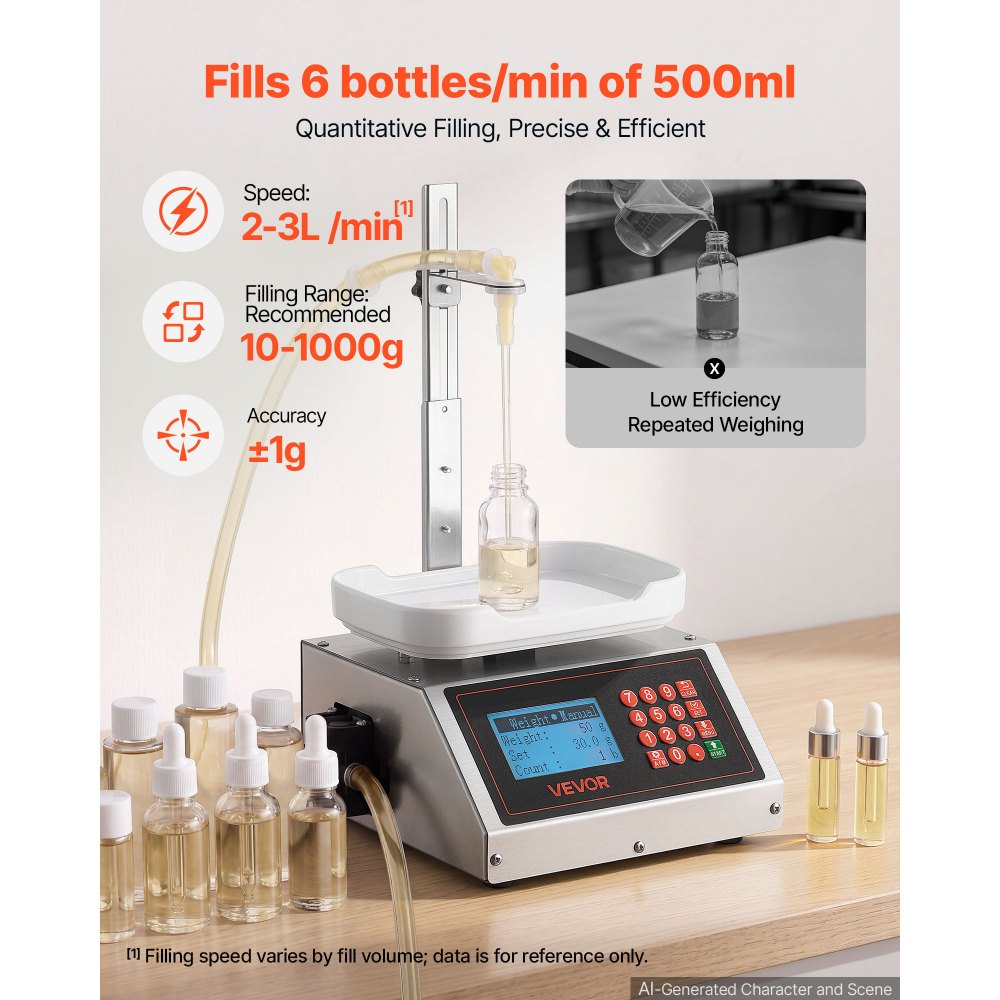 VEVOR Liquid Filling Machine, 10-1000g Recommend Automatic Bottle Filler, for Water, Detergent, Oil, Premium Stainless Steel Body, Digital Weighing, Adjustable Stand, Memory Presets, Easy to Operate