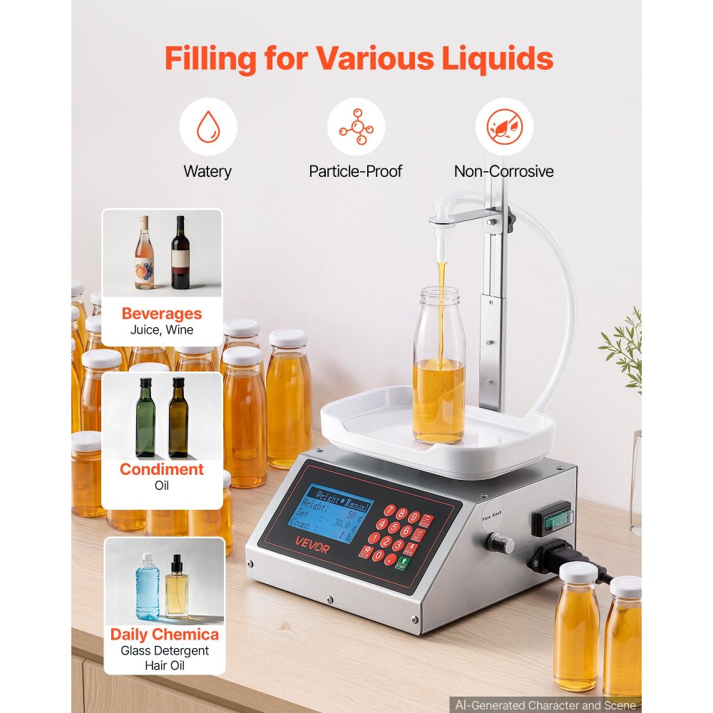 VEVOR Liquid Filling Machine, 10-1000g Recommend Automatic Bottle Filler, for Water, Detergent, Oil, Premium Stainless Steel Body, Digital Weighing, Adjustable Stand, Memory Presets, Easy to Operate