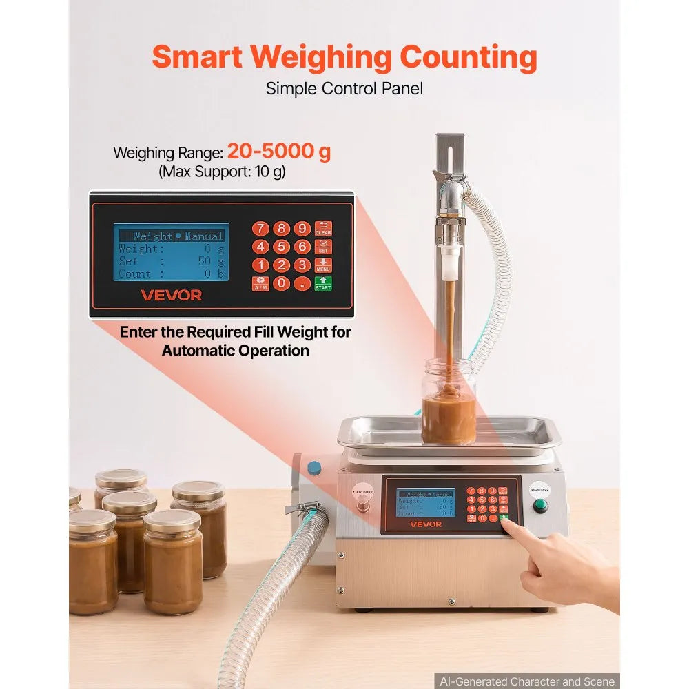 VEVOR Liquid Filling Machine, 20-5000g Recommend Automatic Bottle Filler, for Honey, Pear Syrup, Sesame Paste, Stainless Steel, Digital Weighing, Adjustable Stand, Memory Presets, Easy to Operate