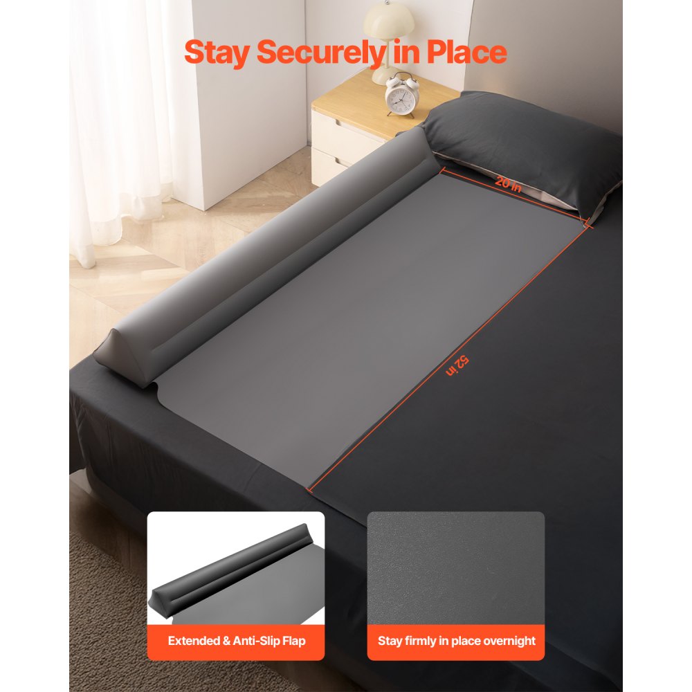 VEVOR Bed Bumper for Toddlers, 52-inch Inflatable Bed Guard Rail with Safety Flap, Non-Slip TPU Toddler Bedrail Bumper for Twin, Full, Queen King Beds, Lightweight & Portable for Home Travel (2 Packs)
