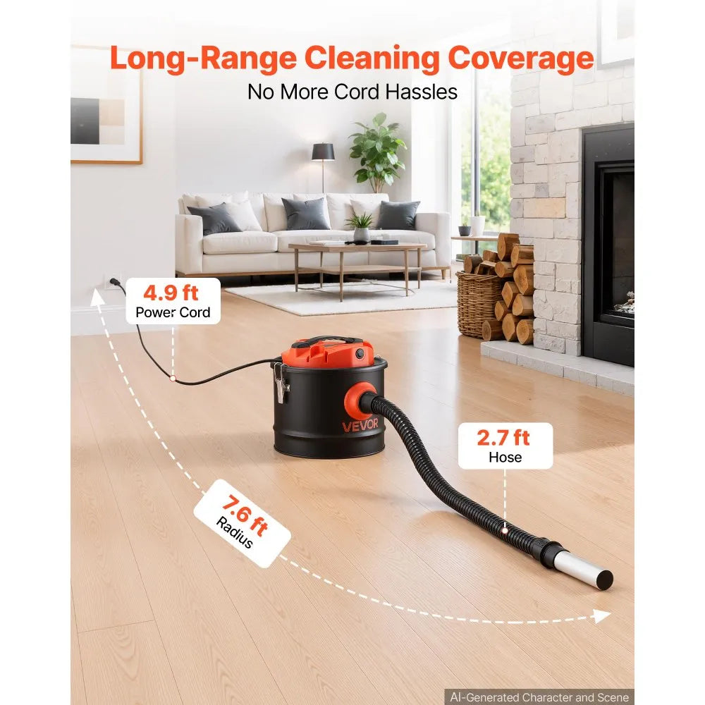 VEVOR Ash Vacuum 2.6 Gallon, 1200W Powerful Fireplace Cleaner Steel Body, for Fireplace, Pellet Stoves, Wood Stoves, Fire Pit, Grills, Double Stage Filtration System, 2.7 FT Hose, Black & Orange