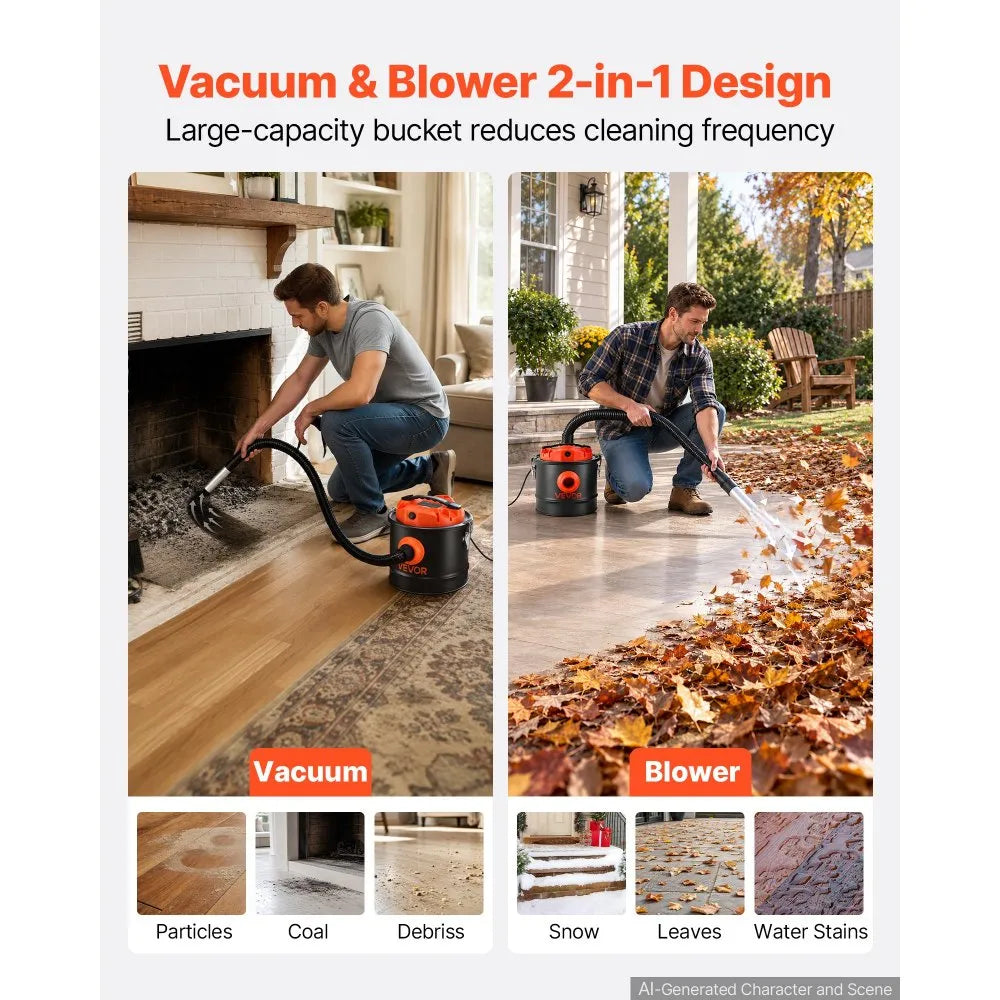 VEVOR Ash Vacuum 2.6 Gallon, 1200W Powerful Fireplace Cleaner Steel Body, for Fireplace, Pellet Stoves, Wood Stoves, Fire Pit, Grills, Double Stage Filtration System, 2.7 FT Hose, Black & Orange