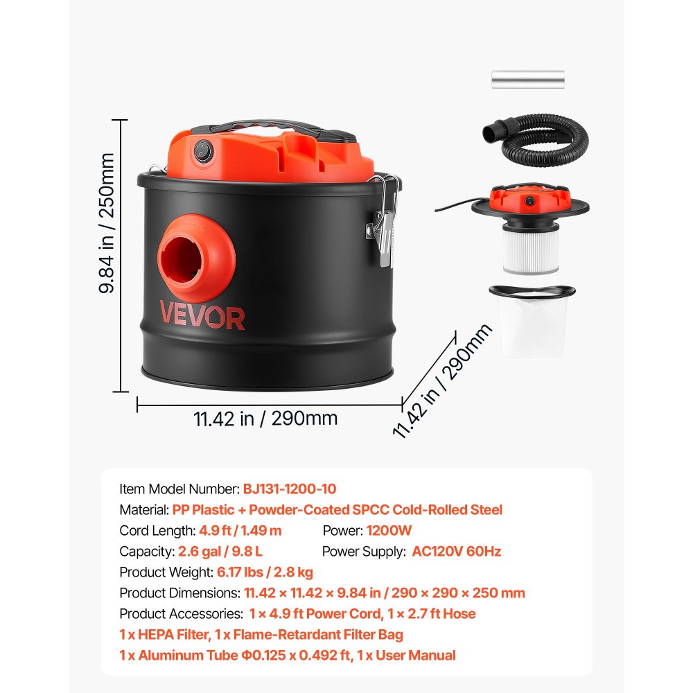 VEVOR Ash Vacuum 2.6 Gallon, 1200W Powerful Fireplace Cleaner Steel Body, for Fireplace, Pellet Stoves, Wood Stoves, Fire Pit, Grills, Double Stage Filtration System, 2.7 FT Hose, Black & Orange