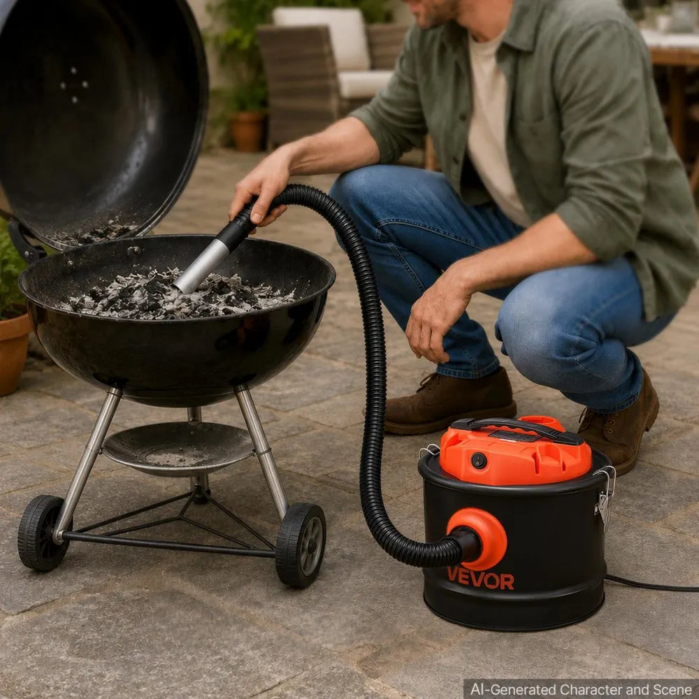 VEVOR Ash Vacuum 2.6 Gallon, 1200W Powerful Fireplace Cleaner Steel Body, for Fireplace, Pellet Stoves, Wood Stoves, Fire Pit, Grills, Double Stage Filtration System, 2.7 FT Hose, Black & Orange