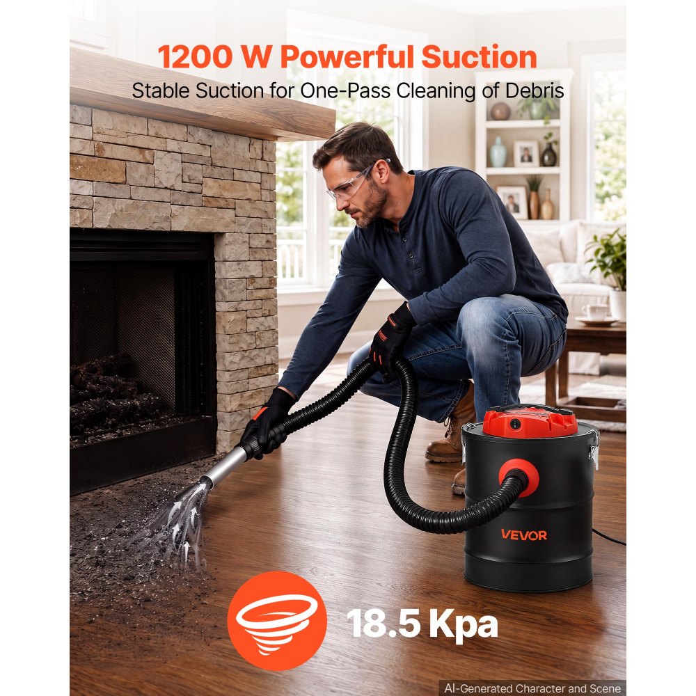 VEVOR Ash Vacuum 4 Gallon, 1200W Powerful Fireplace Cleaner Steel Body, for Fireplaces, Pellet Stoves, Wood Stoves, Fire Pits, Grills, Double Stage Filtration System, 4 FT Hose, Black & Orange