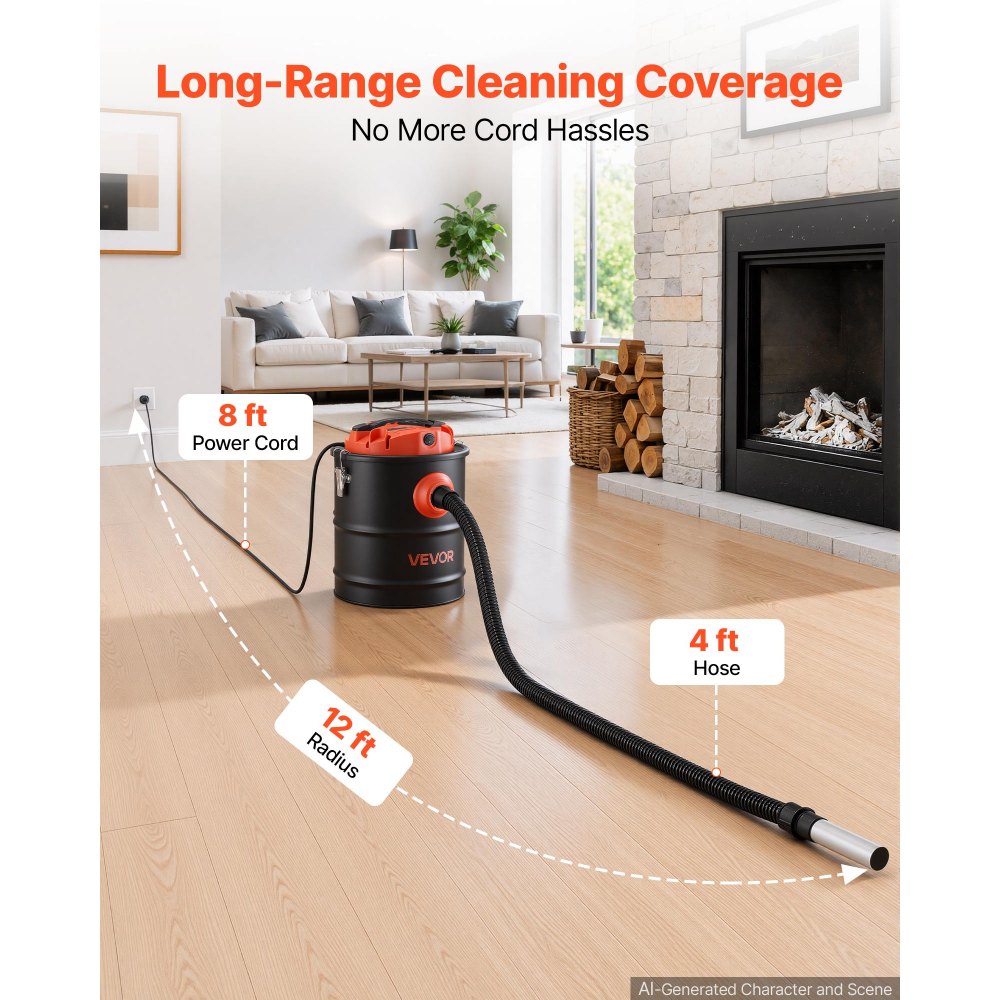 VEVOR Ash Vacuum 4 Gallon, 1200W Powerful Fireplace Cleaner Steel Body, for Fireplaces, Pellet Stoves, Wood Stoves, Fire Pits, Grills, Double Stage Filtration System, 4 FT Hose, Black & Orange