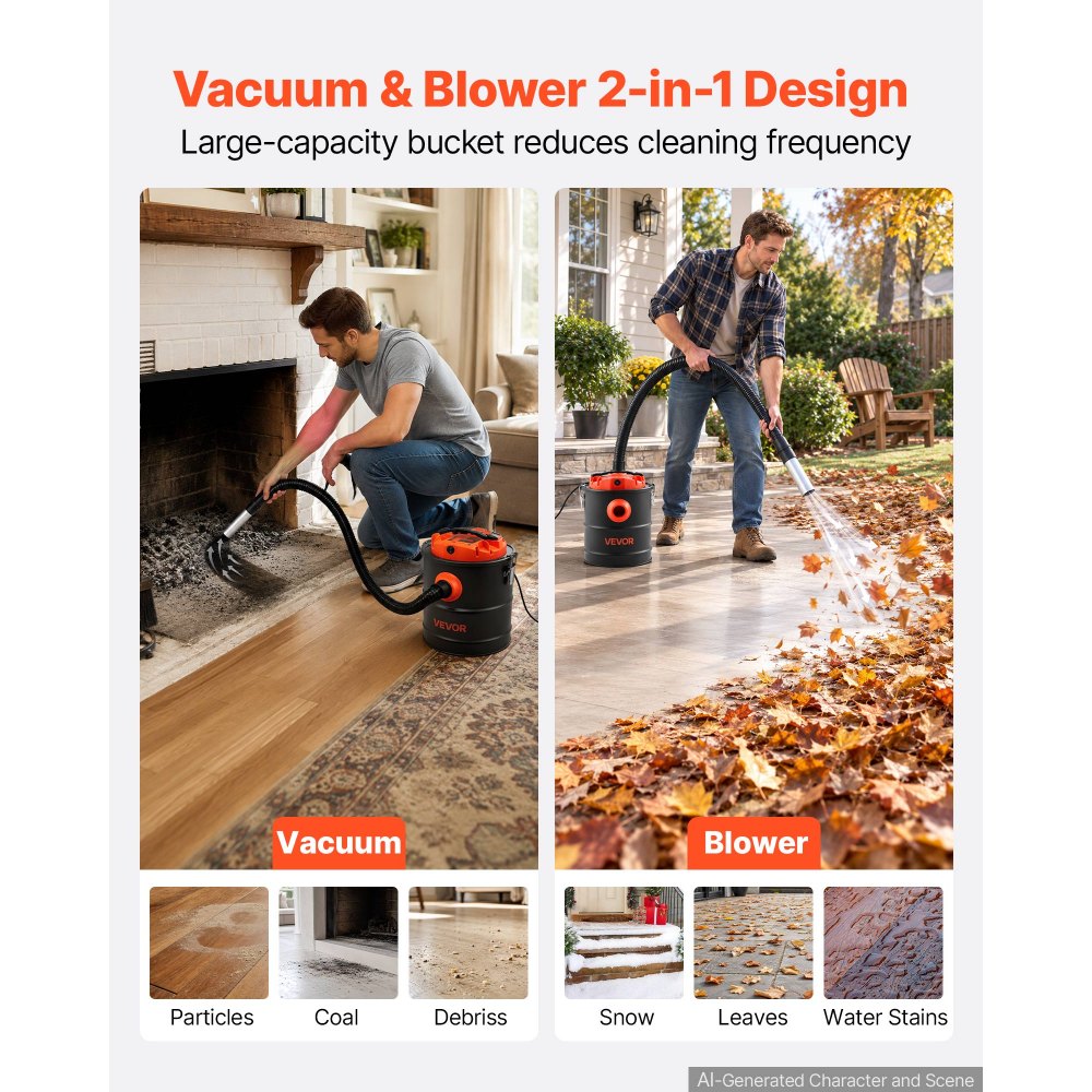 VEVOR Ash Vacuum 4 Gallon, 1200W Powerful Fireplace Cleaner Steel Body, for Fireplaces, Pellet Stoves, Wood Stoves, Fire Pits, Grills, Double Stage Filtration System, 4 FT Hose, Black & Orange