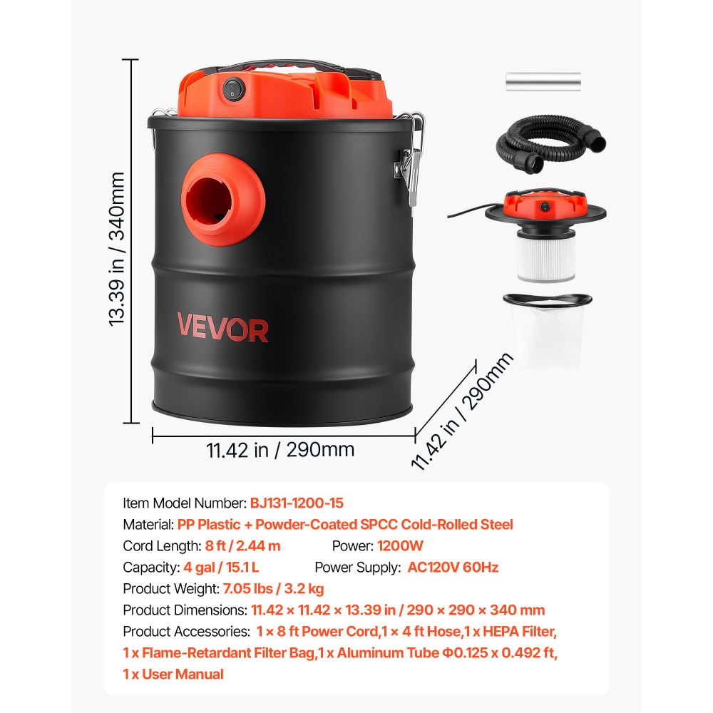 VEVOR Ash Vacuum 4 Gallon, 1200W Powerful Fireplace Cleaner Steel Body, for Fireplaces, Pellet Stoves, Wood Stoves, Fire Pits, Grills, Double Stage Filtration System, 4 FT Hose, Black & Orange
