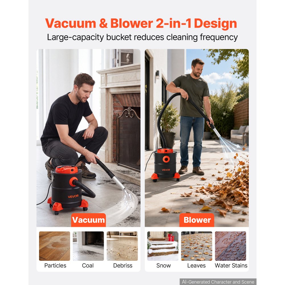 VEVOR Ash Vacuum 5.3 Gallon, 1200W Powerful Fireplace Cleaner with Casters, for Fireplace, Pellet Stove, Wood Stoves, Fire Pit, Grills, Steel Body, Double Stage Filtration, 5 FT Hose, Black & Orange