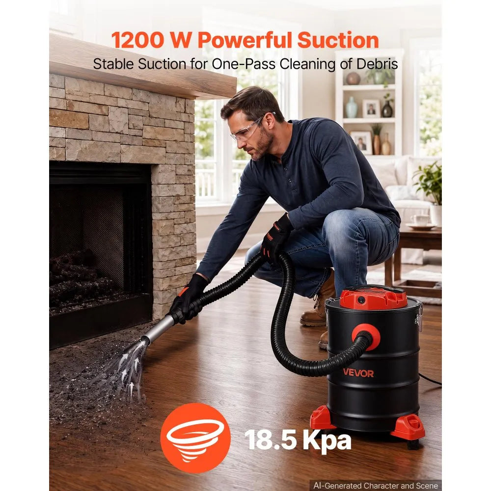 VEVOR Ash Vacuum 6 Gallon, 1200W Powerful Fireplace Cleaner with Casters, for Fireplaces, Pellet Stoves, Wood Stoves, Fire Pits, Grills, Steel Body, Double Stage Filtration, 5 FT Hose, Black & Orange