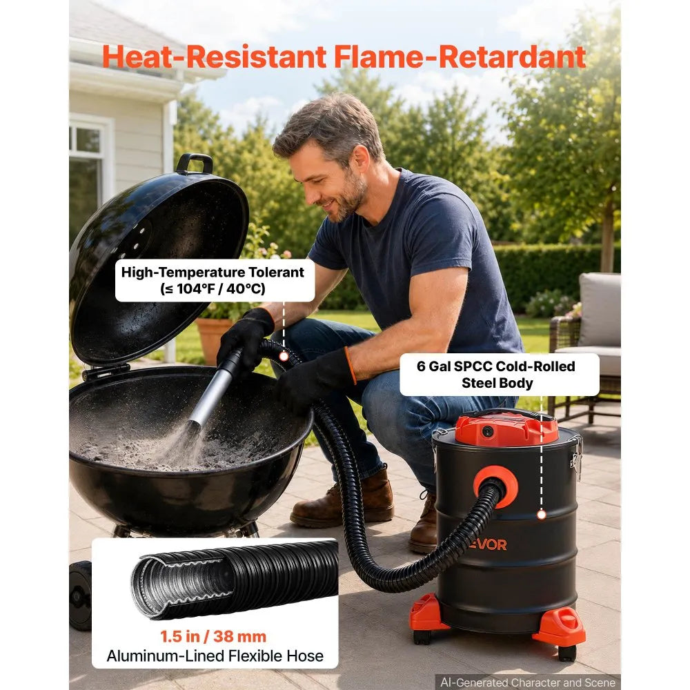 VEVOR Ash Vacuum 6 Gallon, 1200W Powerful Fireplace Cleaner with Casters, for Fireplaces, Pellet Stoves, Wood Stoves, Fire Pits, Grills, Steel Body, Double Stage Filtration, 5 FT Hose, Black & Orange