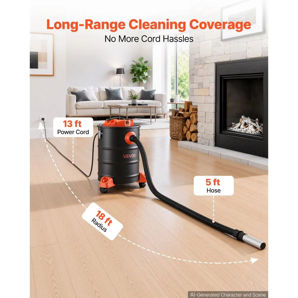 VEVOR Ash Vacuum 6 Gallon, 1200W Powerful Fireplace Cleaner with Casters, for Fireplaces, Pellet Stoves, Wood Stoves, Fire Pits, Grills, Steel Body, Double Stage Filtration, 5 FT Hose, Black & Orange
