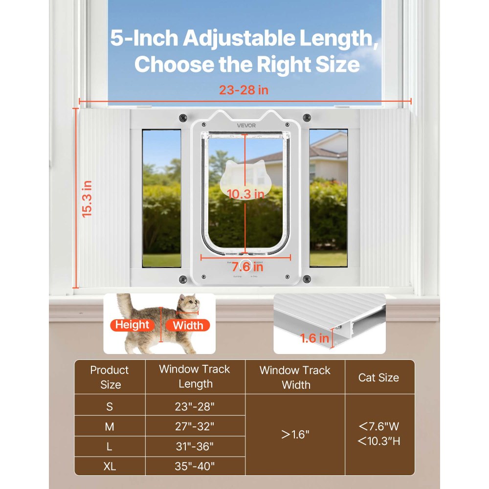 VEVOR Cat Door for Window, Adjustable to Fit Window Width 23"-28", 4 Secure Lock Modes, Aluminum Frame and High-Transparency Glass, Magnetic Closure, Weatherproof Quick-Fit Pet Door for Cats, White