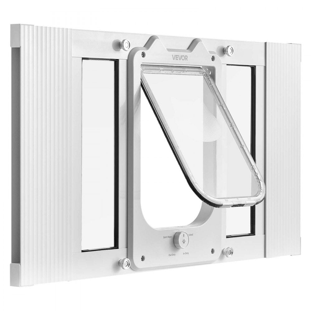 VEVOR Cat Door for Window, Adjustable to Fit Window Width 23"-28", 4 Secure Lock Modes, Aluminum Frame and High-Transparency Glass, Magnetic Closure, Weatherproof Quick-Fit Pet Door for Cats, White