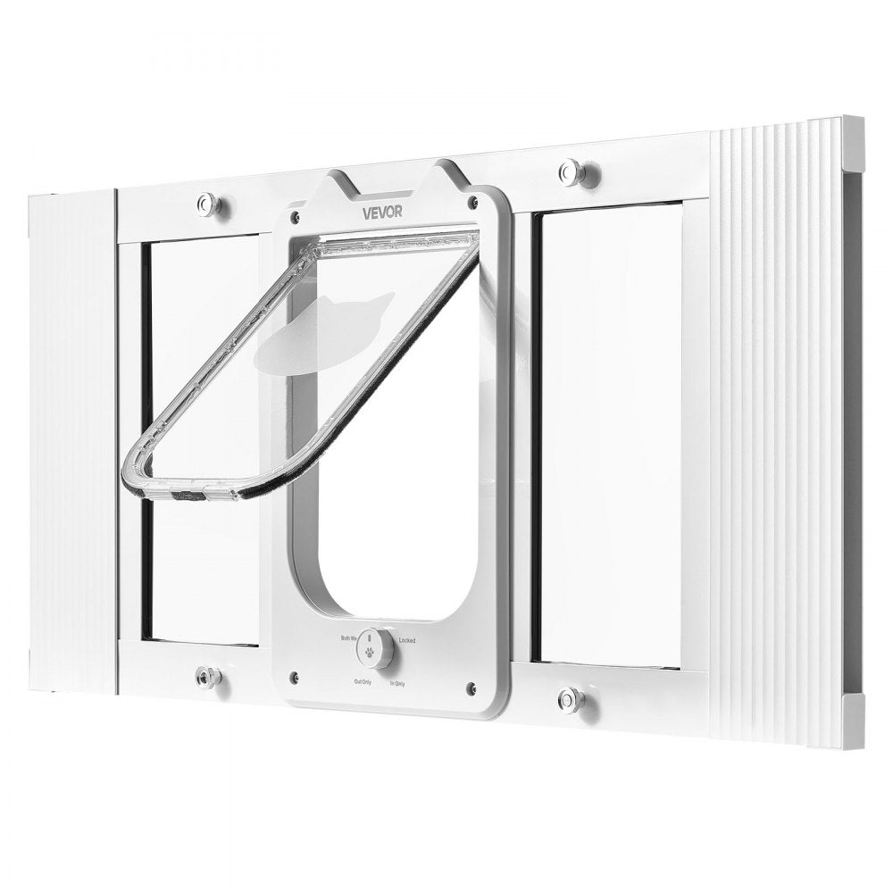 VEVOR Cat Door for Window, Adjustable to Fit Window Width 27"-32", 4 Secure Lock Modes, Aluminum Frame and High-Transparency Glass, Magnetic Closure, Weatherproof Quick-Fit Pet Door for Cats, White