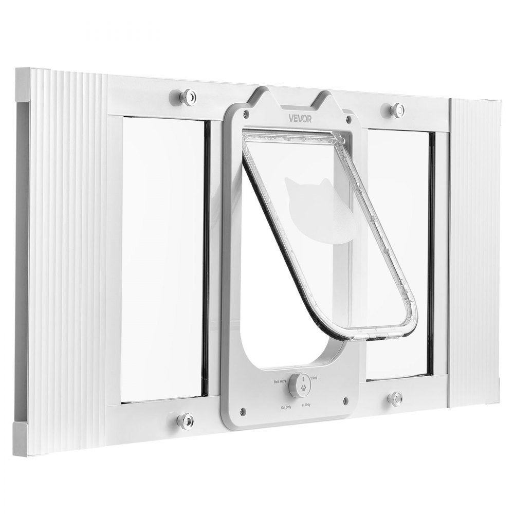 VEVOR Cat Door for Window, Adjustable to Fit Window Width 27"-32", 4 Secure Lock Modes, Aluminum Frame and High-Transparency Glass, Magnetic Closure, Weatherproof Quick-Fit Pet Door for Cats, White
