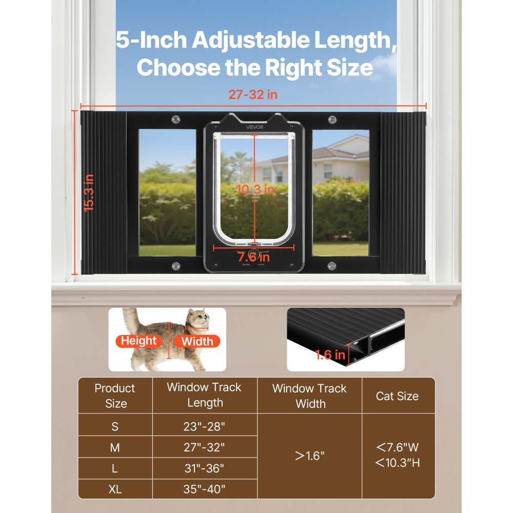 VEVOR Cat Door for Window, Adjustable to Fit Window Width 27"-32", 4 Secure Lock Modes, Aluminum Frame and High-Transparency Glass, Magnetic Closure, Weatherproof Quick-Fit Pet Door for Cats, Black