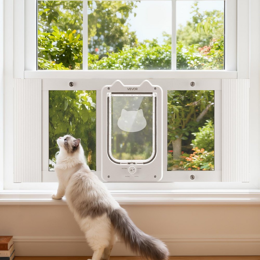 VEVOR Cat Door for Window, Adjustable to Fit Window Width 31"-36", 4 Secure Lock Modes, Aluminum Frame and High-Transparency Glass, Magnetic Closure, Weatherproof Quick-Fit Pet Door for Cats, White