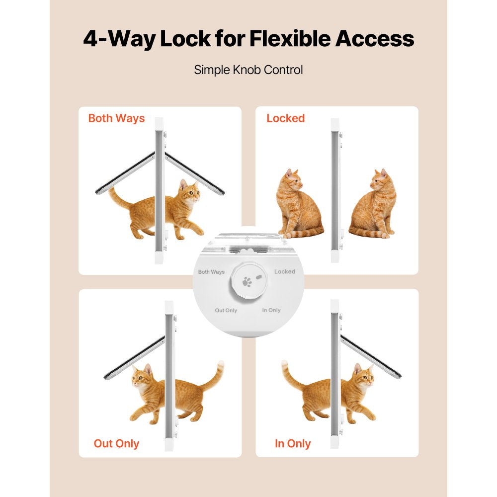 VEVOR Cat Door for Window, Adjustable to Fit Window Width 35"-40", 4 Secure Lock Modes, Aluminum Frame and High-Transparency Glass, Magnetic Closure, Weatherproof Quick-Fit Pet Door for Cats, White