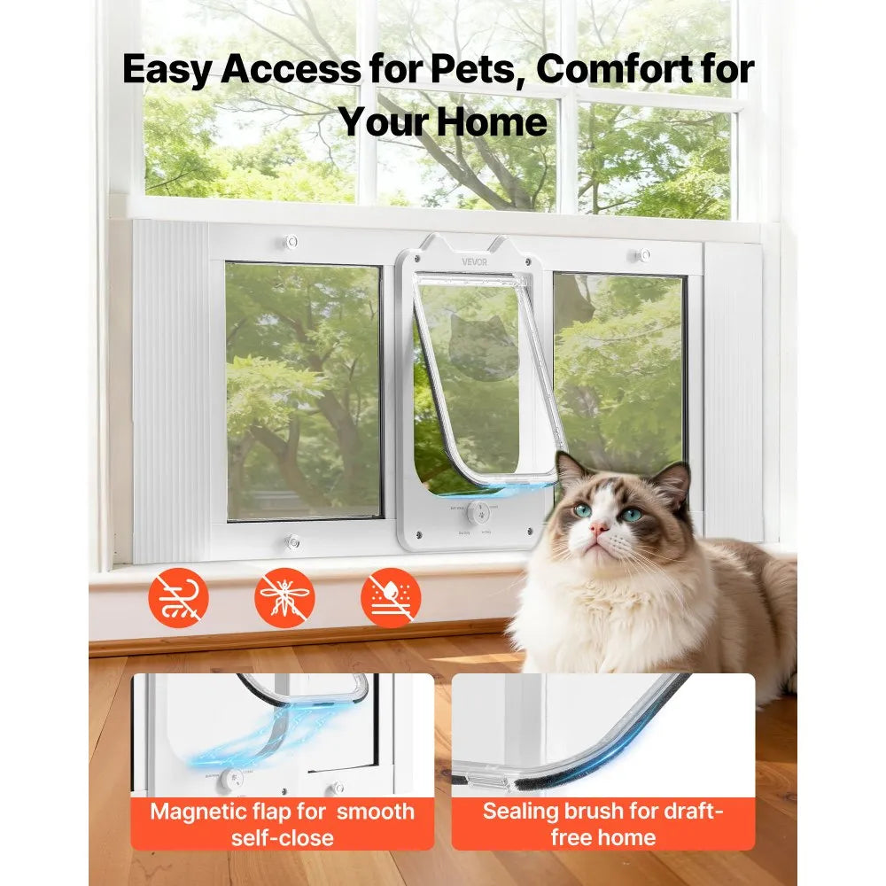 VEVOR Cat Door for Window, Adjustable to Fit Window Width 35"-40", 4 Secure Lock Modes, Aluminum Frame and High-Transparency Glass, Magnetic Closure, Weatherproof Quick-Fit Pet Door for Cats, White