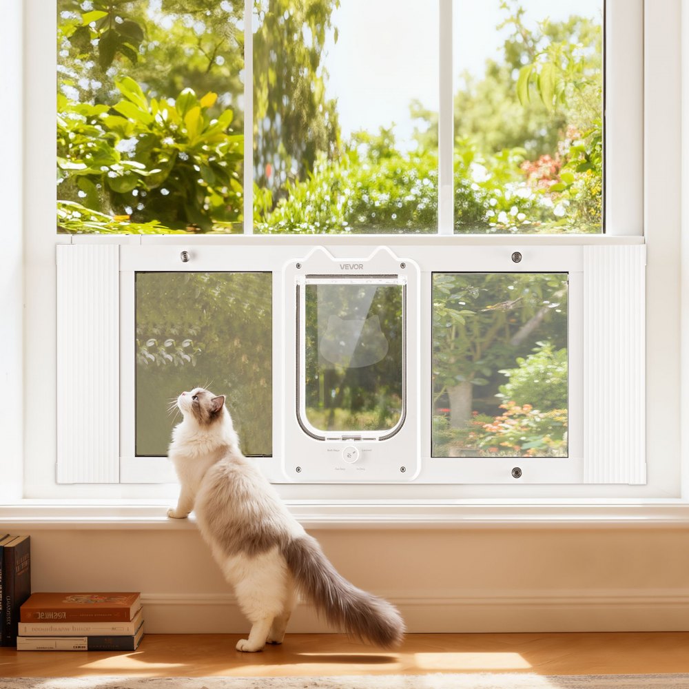 VEVOR Cat Door for Window, Adjustable to Fit Window Width 35"-40", 4 Secure Lock Modes, Aluminum Frame and High-Transparency Glass, Magnetic Closure, Weatherproof Quick-Fit Pet Door for Cats, White