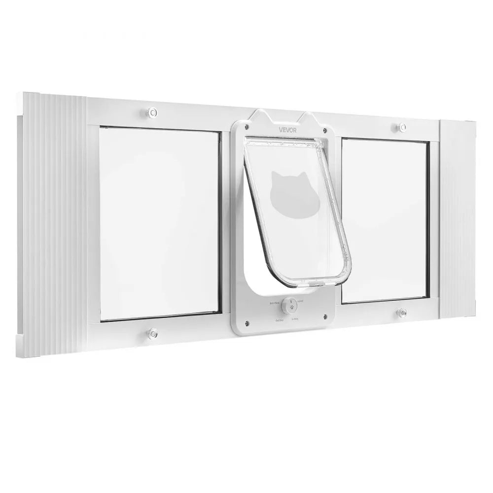 VEVOR Cat Door for Window, Adjustable to Fit Window Width 35"-40", 4 Secure Lock Modes, Aluminum Frame and High-Transparency Glass, Magnetic Closure, Weatherproof Quick-Fit Pet Door for Cats, White