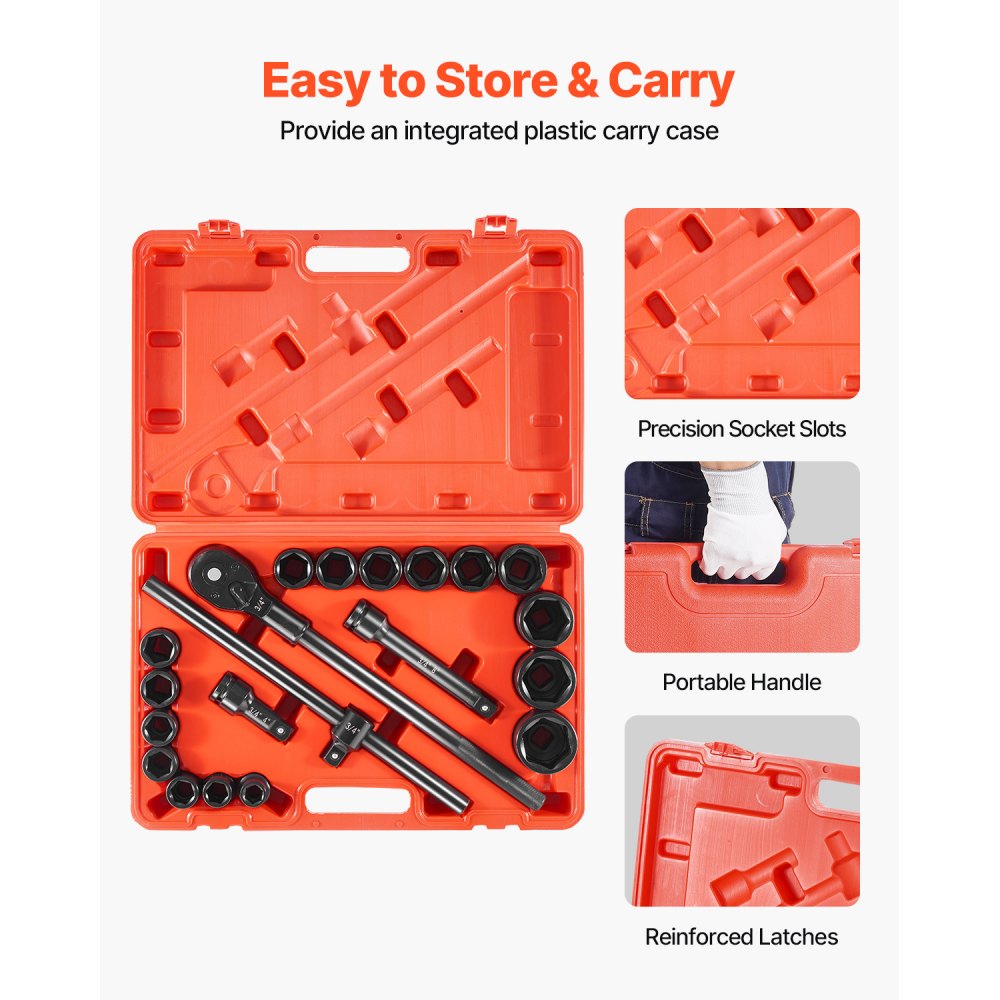 VEVOR 3/4 in Drive Impact Socket Set, 21 Pieces SAE 3/4 in to 2 in, 6 Point Cr-V Alloy Steel for Auto Repair, Easy-to-Read Size Markings, Includes Extension Bars, Ratchet Handle and Storage Case