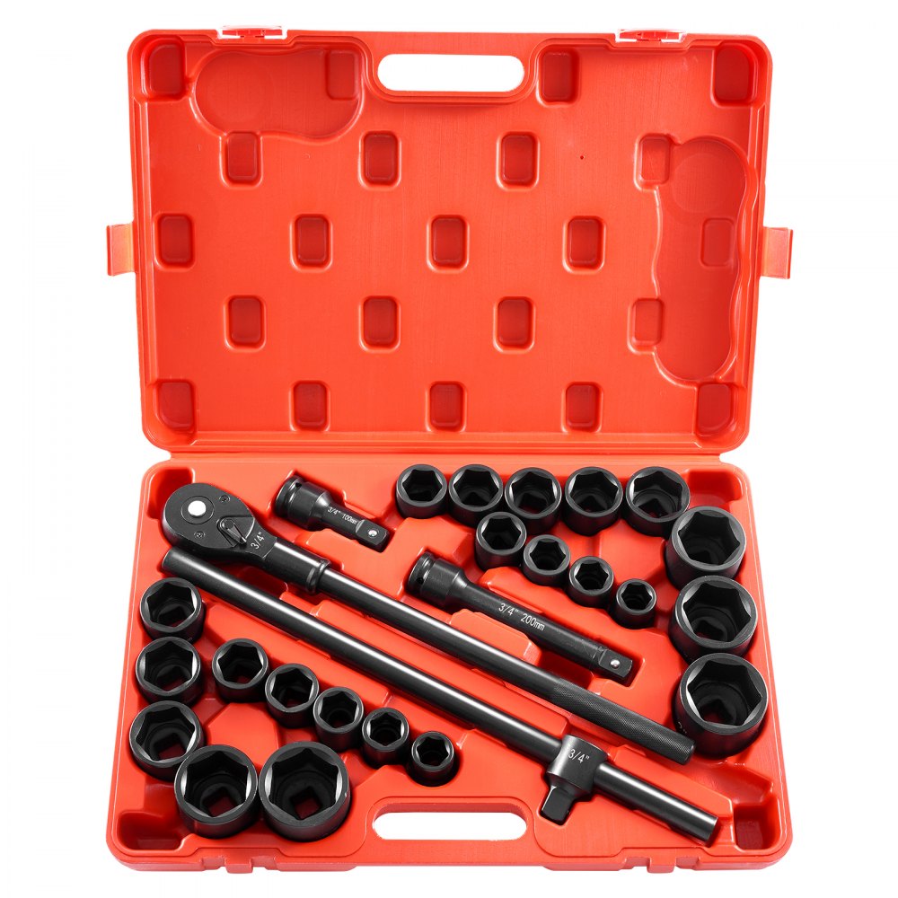VEVOR 3/4 in Drive Impact Socket Set, 27 Pieces SAE 7/8 in to 2 in and Metric 22 mm to 50 mm, 6 Point Cr-V Alloy Steel for Auto Repair, Includes Extension Bars, Ratchet Handle and Storage Case
