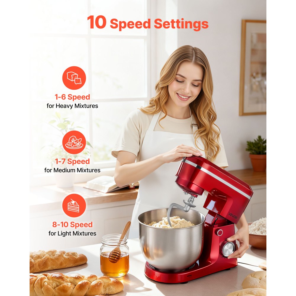 VEVOR Stand Mixer, 4.4 QT+6 QT Electric Kitchen Mixer, 300W Dough-Mixer, 10 Speeds Tilt-head Food-Mixer with Stainless Steel Bowls, Dough Hook, Whisk, Beater, for Baking, Mixing, Whipping & Kneading