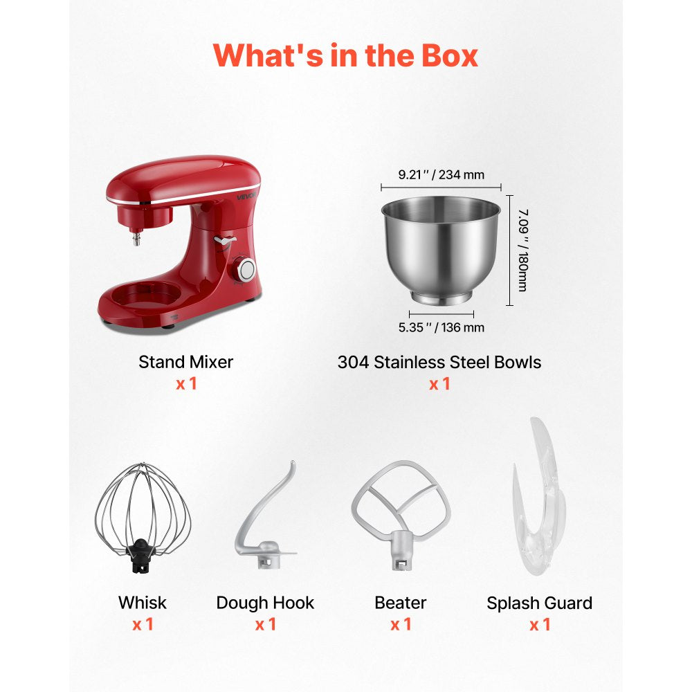 VEVOR Stand Mixer, 6 QT Electric Kitchen Mixer, 660W Dough-Mixer, 6 + Pulse Speeds Tilt-head Food-Mixer with Stainless Steel Bowl, Dough Hook, Whisk, Beater, for Baking, Mixing, Whipping & Kneading
