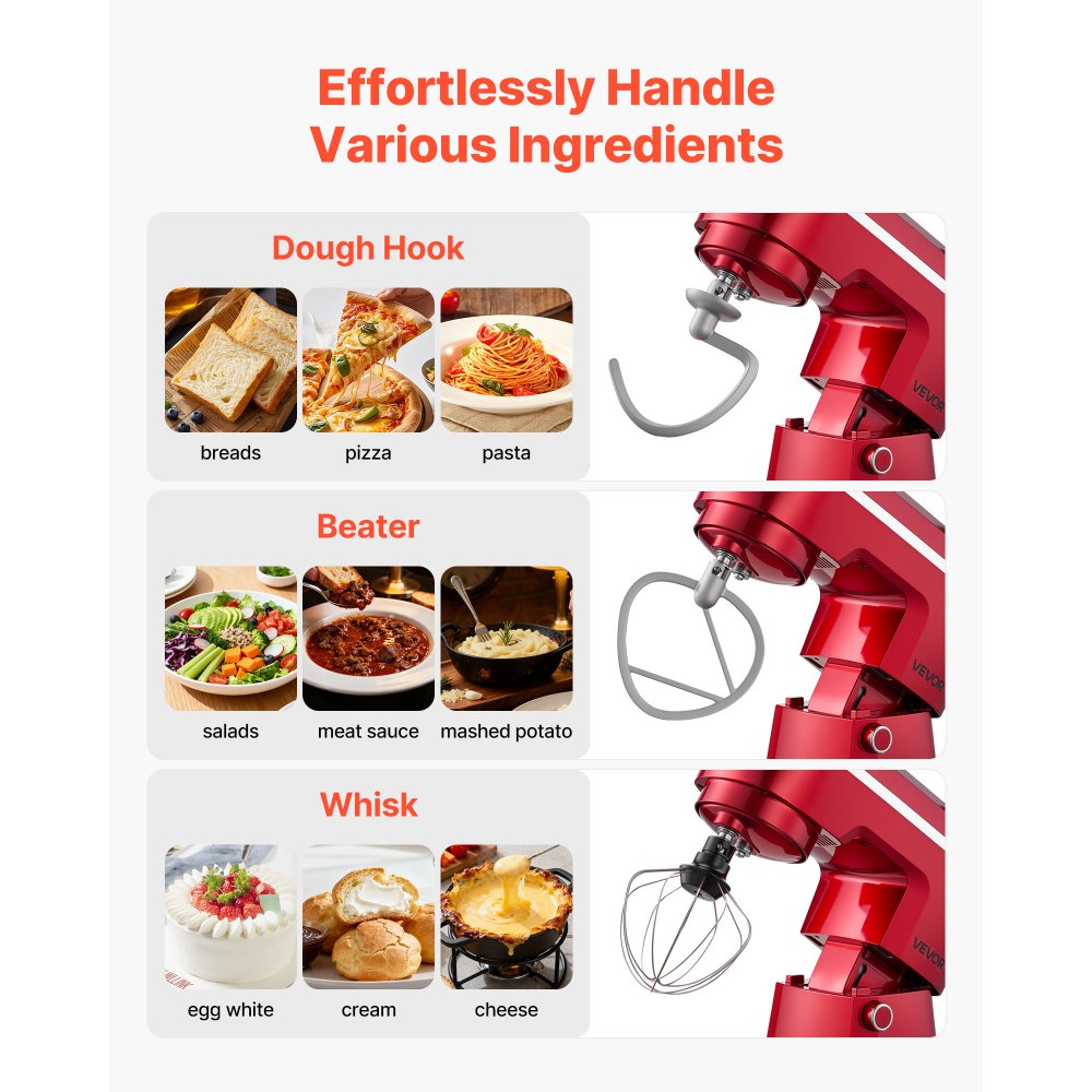 VEVOR Stand Mixer, 6 QT Electric Kitchen Mixer, 300W Dough-Mixer, 10 Speeds Tilt-head Food-Mixer with Stainless Steel Bowl, Dough Hook, Whisk, Beater, for Baking, Mixing, Whipping & Kneading, Red