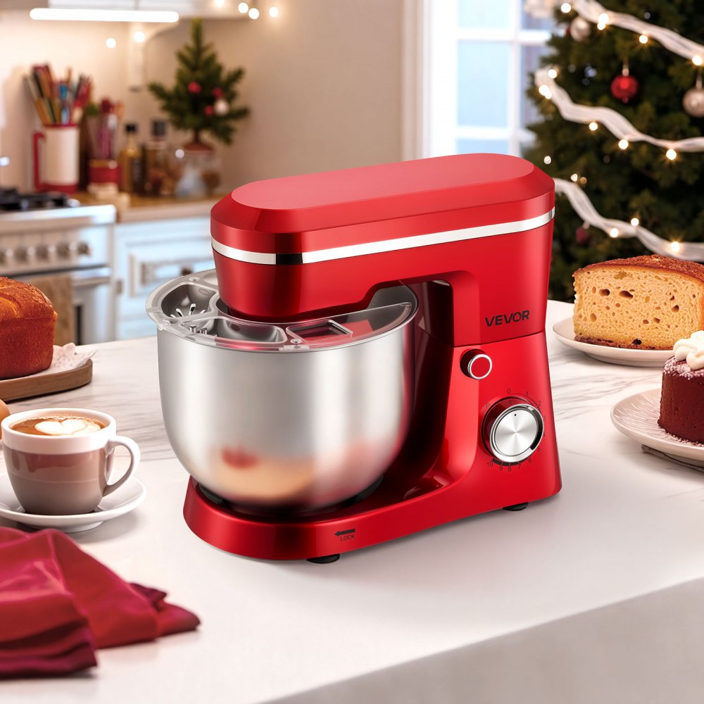 VEVOR Stand Mixer, 6 QT Electric Kitchen Mixer, 300W Dough-Mixer, 10 Speeds Tilt-head Food-Mixer with Stainless Steel Bowl, Dough Hook, Whisk, Beater, for Baking, Mixing, Whipping & Kneading, Red