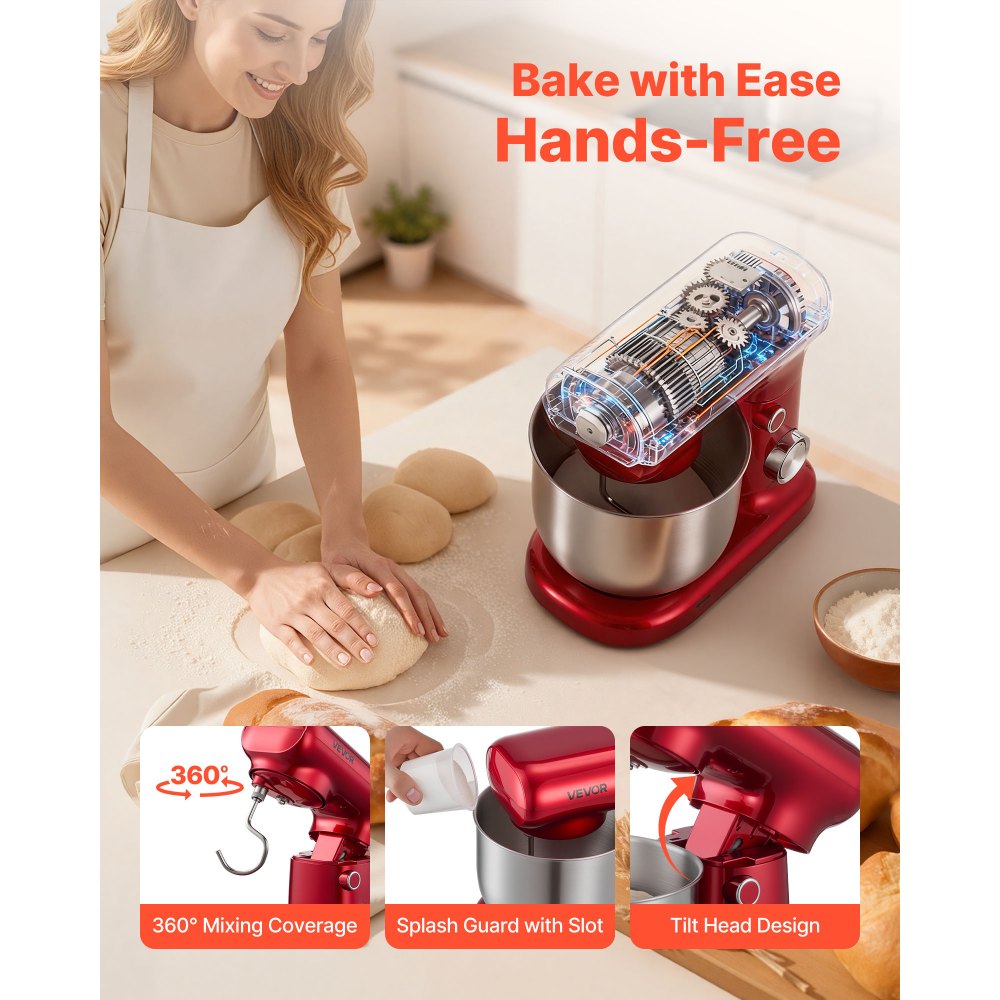 VEVOR Stand Mixer, 3 QT Electric Kitchen Mixer, 300W Dough-Mixer, 10 Speeds Tilt-head Food-Mixer with Stainless Steel Bowl, Dough Hook, Whisk, Beater, for Baking, Mixing, Whipping & Kneading, Red