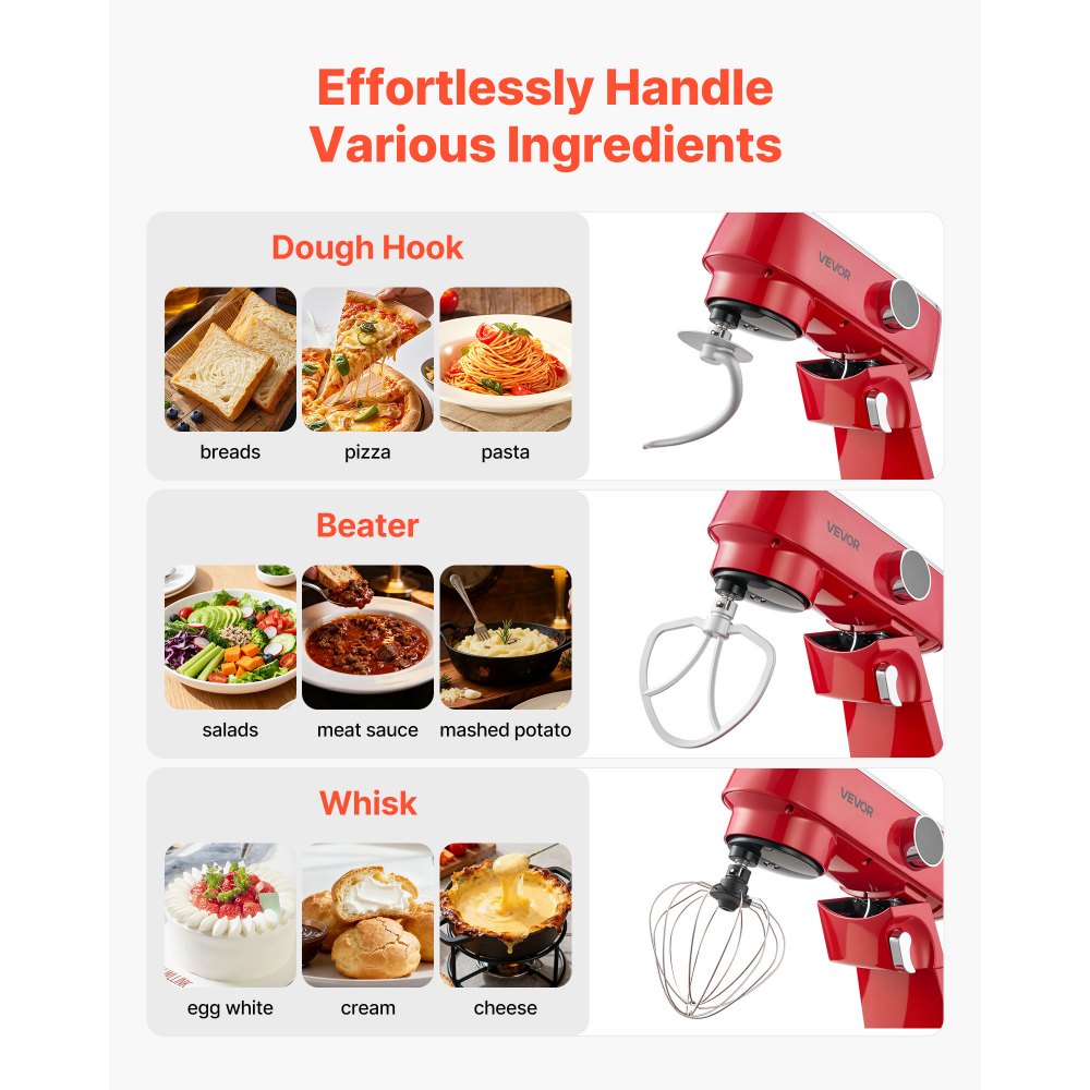 VEVOR Stand Mixer, 7.8 QT Electric Kitchen Mixer, 800W Dough-Mixer, 10 Speeds Tilt-head Food-Mixer with Stainless Steel Bowl, Dough Hook, Whisk, Beater, for Baking, Mixing, Whipping & Kneading, Red
